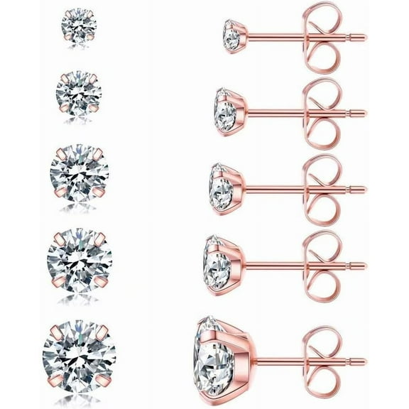 Papapt 5 Pairs Stud Earrings Set, Hypoallergenic Cubic Zirconia 316L Earrings Stainless Steel CZ Earrings 3-8mm (Steel color)