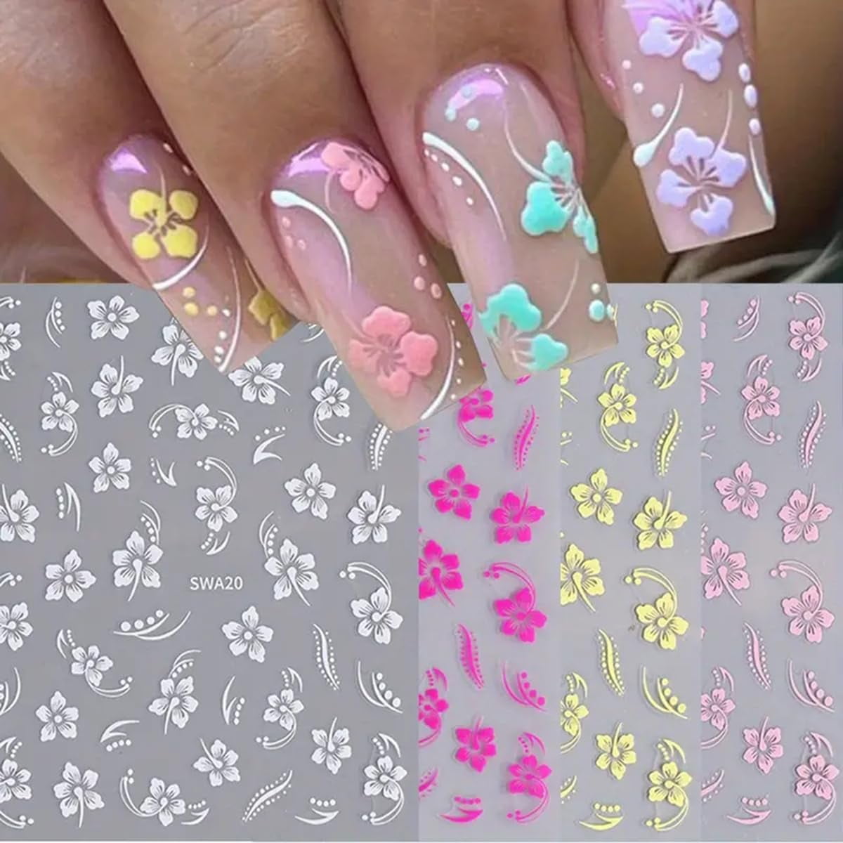 Papapt 8PCS Hibiscus Flower Nail Art Stickers, Hawaiian Flowers Nail Decals White Pink Yellow 3D Self-Adhesive Flowers Stickers for Nails Summer Floral Manicure Sliders for Women Girls Nail Art
