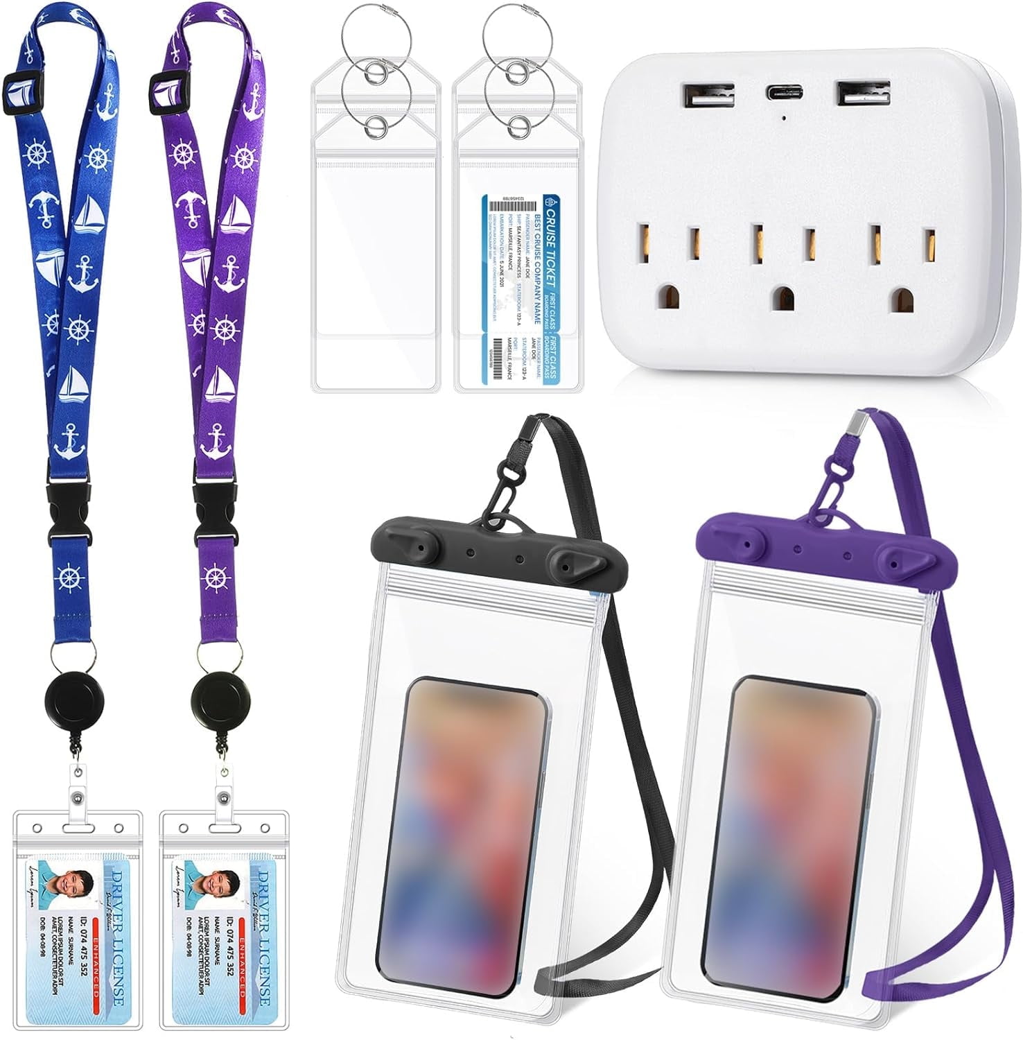 Papapt 9Pcs Cruise Accessories Kit Includes 4 Pcs Carnival Cruise Luggage Tags with Metal Loop 2 Pcs Cruise Lanyards for Ship Cards 2 Pcs Waterproof Phone Pouch and a Cruise Power Strip (Cute Color)
