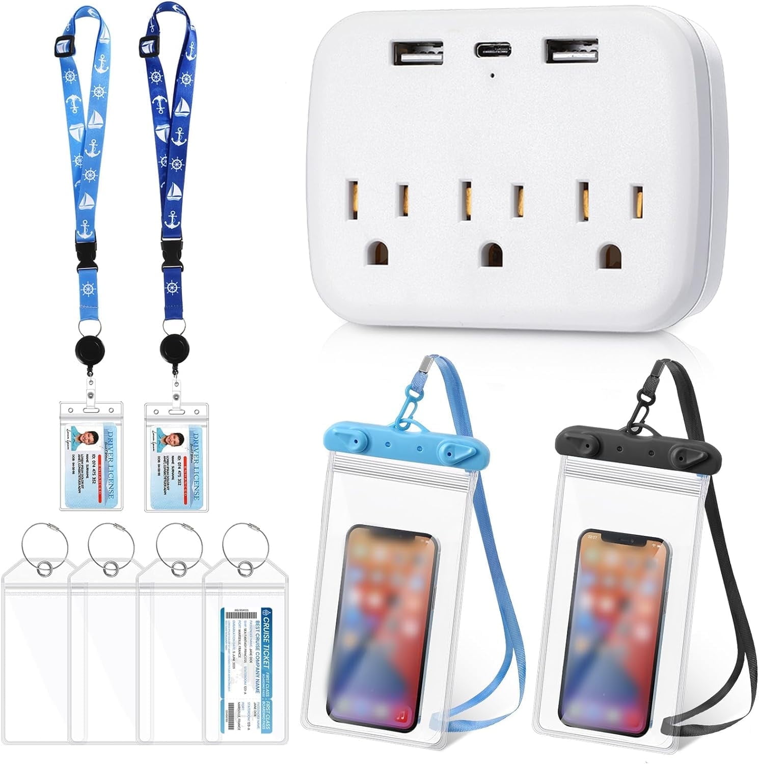 Papapt 9Pcs Cruise Accessories Kit Includes 4 Pcs Carnival Cruise Luggage Tags with Metal Loop 2 Pcs Cruise Lanyards for Ship Cards 2 Pcs Waterproof Phone Pouch and a Cruise Power Strip (Cute Color)