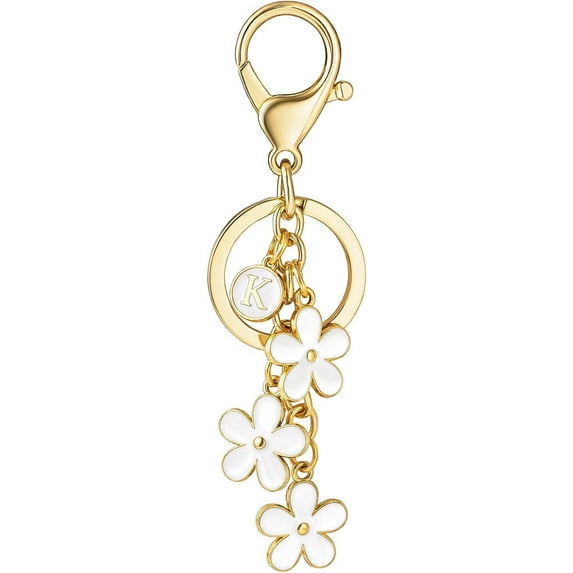 Papapt Initial Keychain White/Pink Flower Charms for Key Cute Letter Keyring for Handbag Backpack