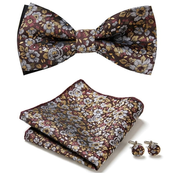 Papapt Mens Solid Color Double Fold Pre-tied Bow Tie and Pocket Square Cufflink Set