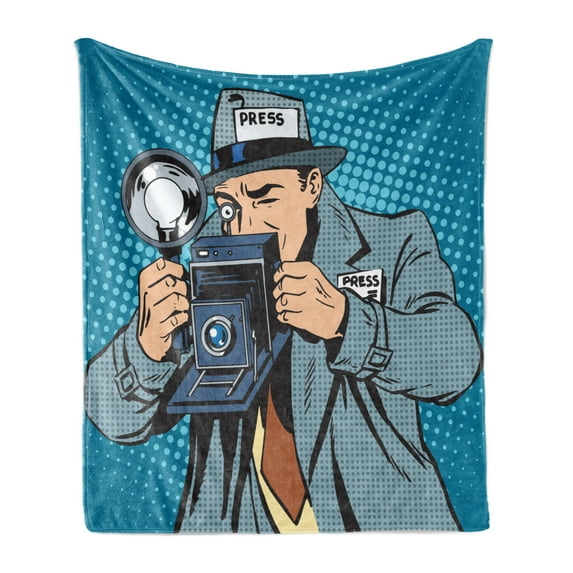 Paparazzi Soft Flannel Fleece Blanket, Photographer Man Taking Pictures Comic Book Style Journalism Graphic, Cozy Plush for Indoor and Outdoor Use, 50" x 70", Petrol Blue Grey Teal, by Ambesonne