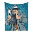 thumbnail image 1 of Paparazzi Soft Flannel Fleece Blanket, Photographer Man Taking Pictures Comic Book Style Journalism Graphic, Cozy Plush for Indoor and Outdoor Use, 70" x 90", Petrol Blue Grey Teal, by Ambesonne, 1 of 5
