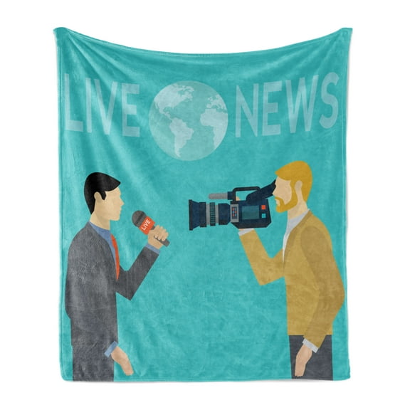 Paparazzi Soft Flannel Fleece Throw Blanket, Live News with Cameraman and Reporter Broadcasting Journalism, Cozy Plush for Indoor and Outdoor Use, 60" x 80", Turquoise Grey, by Ambesonne
