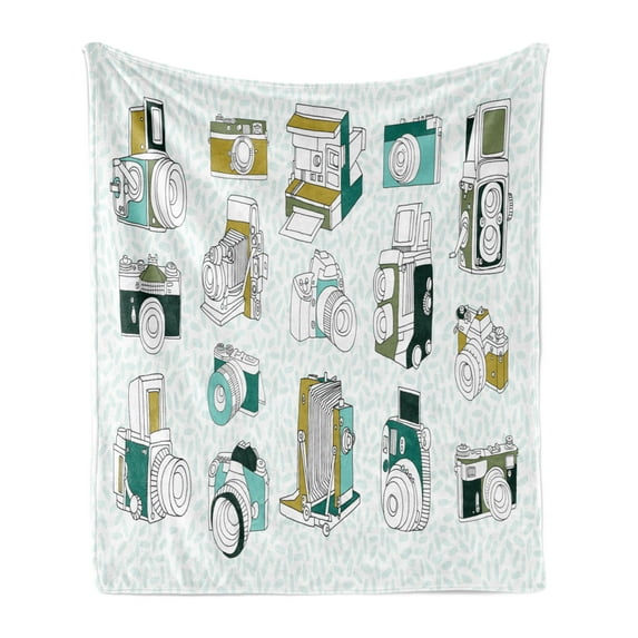 Paparazzi Soft Flannel Fleece Throw Blanket, Various Vintage Cameras Professional Photography Hipster Classic Machines, Cozy Plush for Indoor and Outdoor Use, 50" x 70", Sea Green Khaki, by Ambesonne