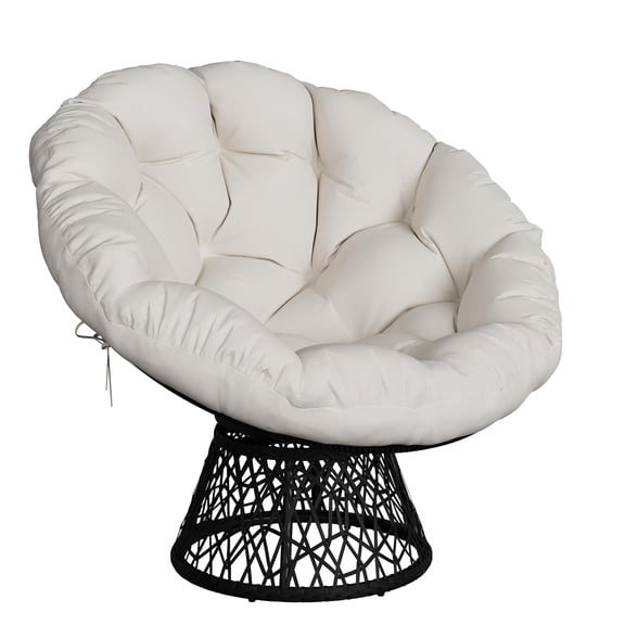 Papasan Chair, 37" Ergonomic Wicker Papasan Chair with Extra-Thick Soft Fabric Cushion, Heavy-Duty Steel Frame, 360° Swivel Base for Living Room, Bedroom & Reading Nook – White - Black Stand