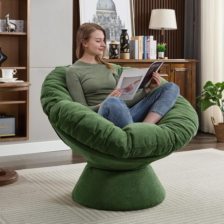Papasan Chair with Cushion and Frame, 360° Swivel Accent Chair, Comfy Chenille Upholstered Round Chair, Modern Oversized Reading Chair with Metal Base Lazy Chair for Bedroom, Living Room
