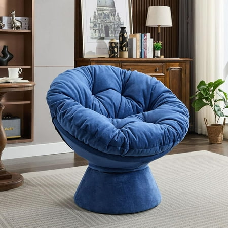 Papasan Chair with Cushion and Frame, 360° Swivel Accent Chair, Comfy Chenille Upholstered Round Chair, Modern Oversized Reading Chair with Metal Base Lazy Chair for Bedroom, Living Room
