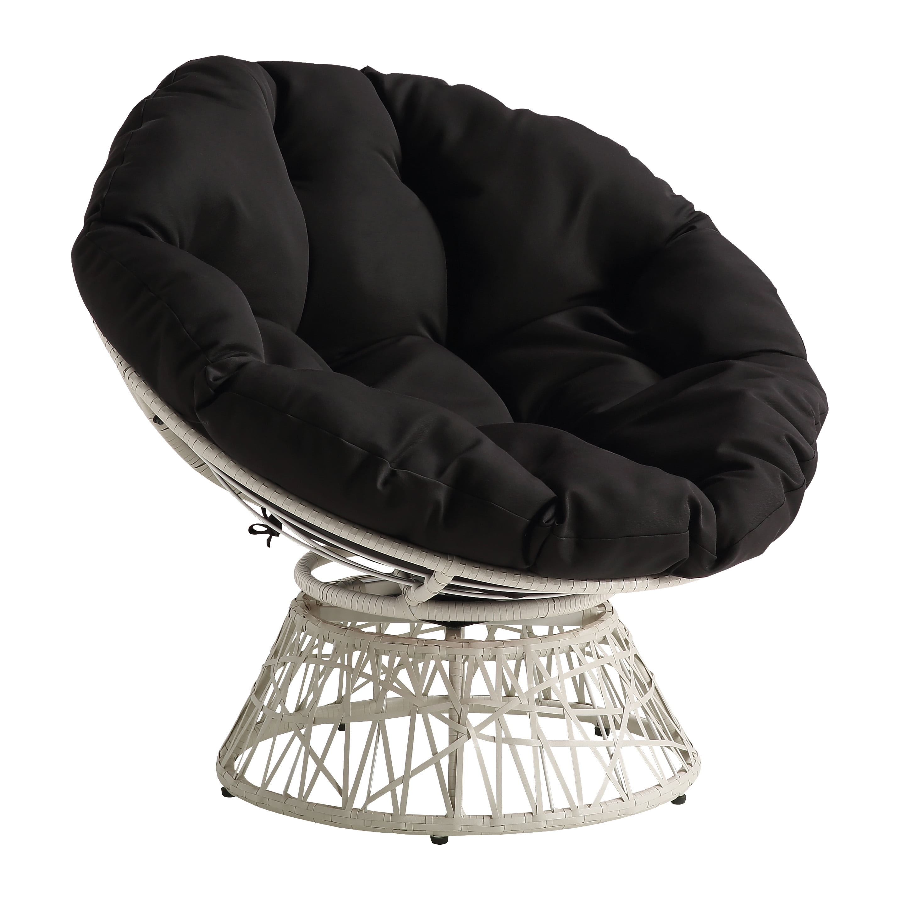 Black and Cream Wicker Swivel Papasan Chair with Metal Frame