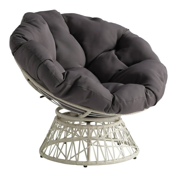 Papasan Chair with Gray Round Fabric Pillow Cushion and Cream Wicker Weave