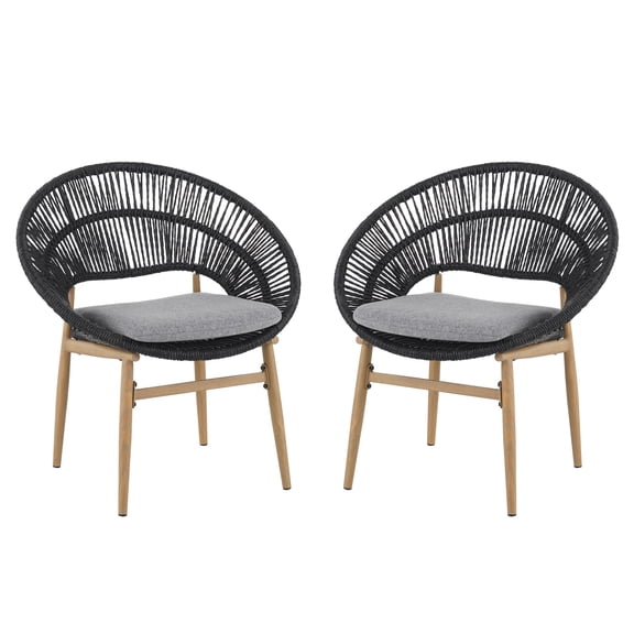 Papasan Dining Chair Set of 2, Outdoor Wicker Chairs with Cushion, Modern Iron Frame with Teak Finish & Dark Gray Faux Rattan, Water-Resistant Gray Cushion