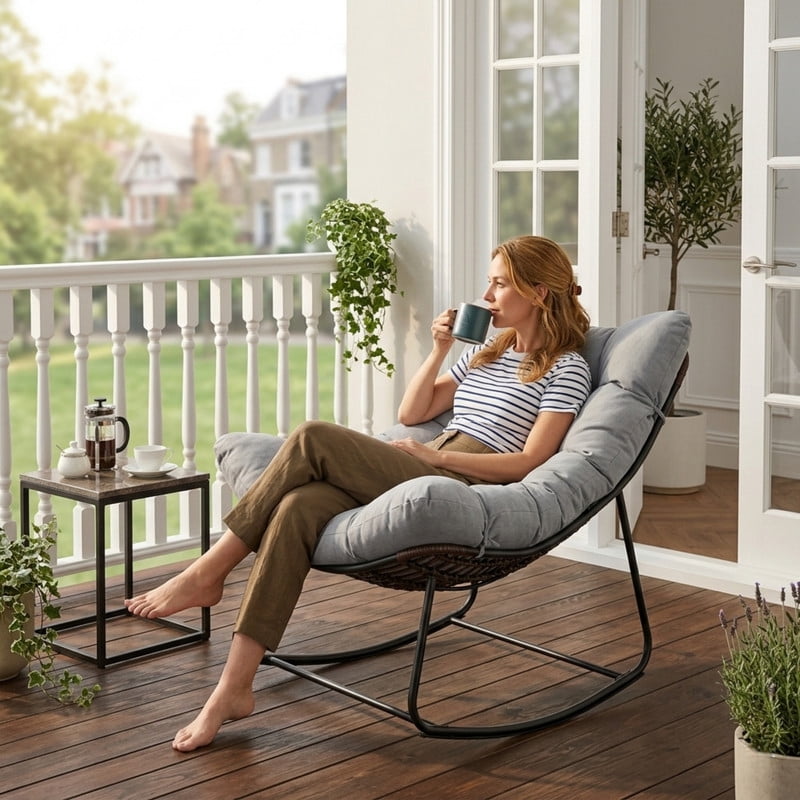 Papasan Patio Rocking Chair, Indoor/Outdoor Use Armless Wicker Recliner Chair