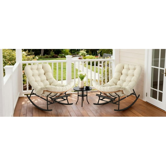 Papasan Rocking Chair with Foot Rest, Oversized Papasan Chair with Thick Removable Cushion and Metal Frame, Lounge Chairs and PE Rattan Rocker for Patio, Porch, Garden, Lawn, Living Room