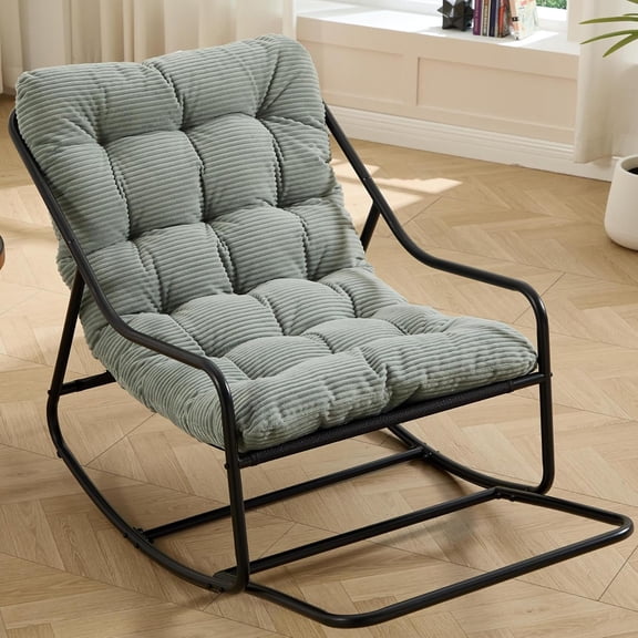 Papasan Rocking Chair with Metal Frame, Outdoor Rocker Chair, Lounge Comfy Rocking Chair for Porch Patio Garden/Indoor Living Room, Oversized (Light Green Corduroy)