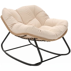 Papasan Rocking Chair, Oversized PE Wicker and Steel Egg Chair with Thick Cushion, Weather-Resistant Outdoor Saucer Chair for Patio, Garden, Balcony, Cream White, 53.5" x 50.4"