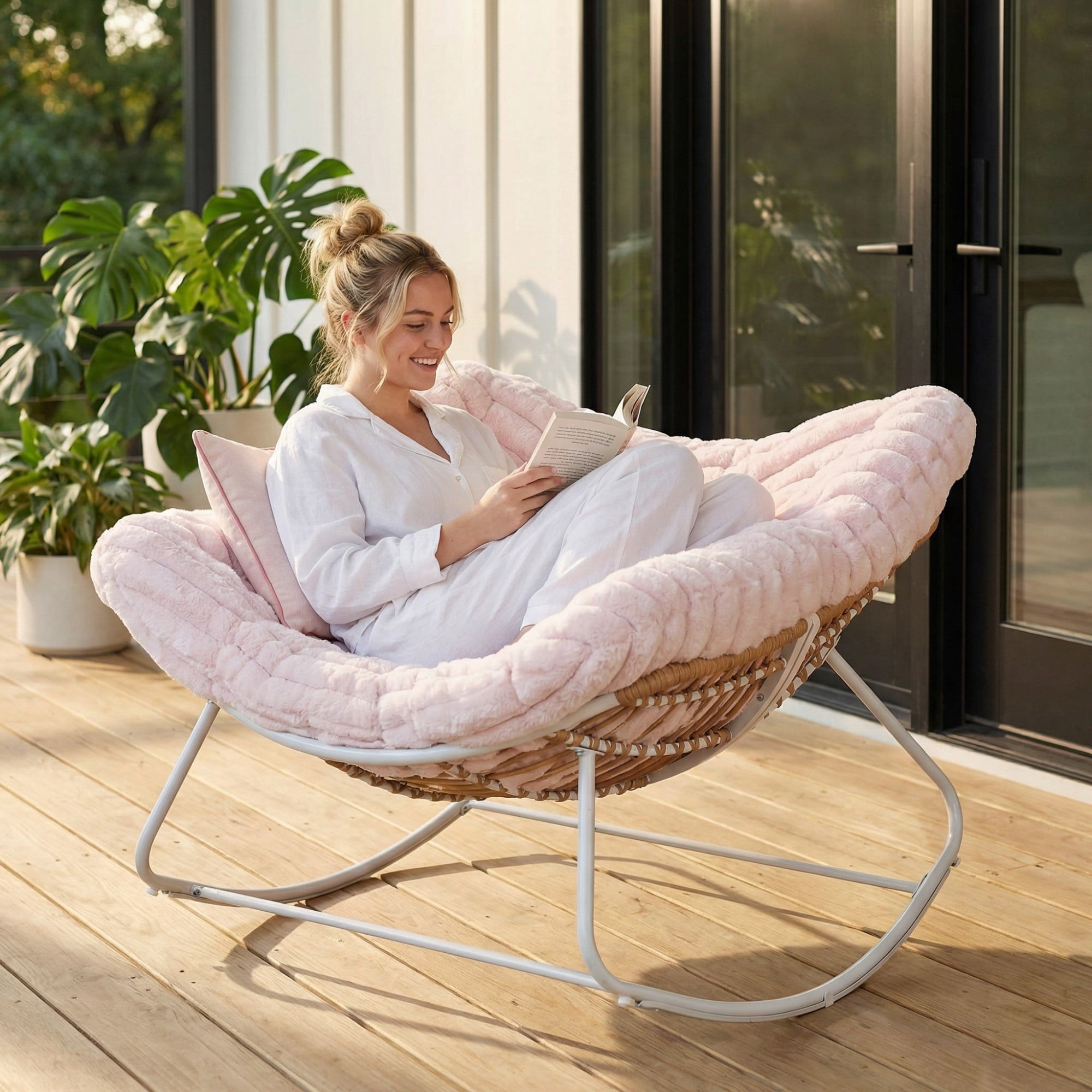 Papasan Rocking Chair Oversized, Rattan Outdoor Rocker with Deep Seat Thick Cushion, Patio Rocking Chair for Porch Bedroom Garden, Pink & White