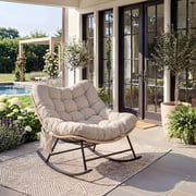 Papasan Rocking Chair, Oversized Wicker Rattan Rocker with Thick Cushion, Heavy Duty 700 LBS Capacity Indoor Outdoor Glider for Patio & Living Room, Curved Leg Stable Design