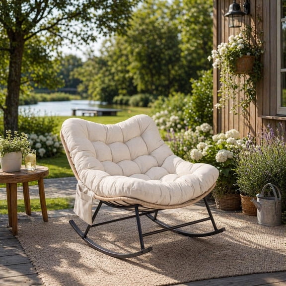 Papasan Rocking Chair, Oversized Wicker Rattan Rocker with Thick Cushion, Heavy Duty 700 LBS Capacity Indoor Outdoor Glider for Patio & Living Room, Curved Leg Stable Design
