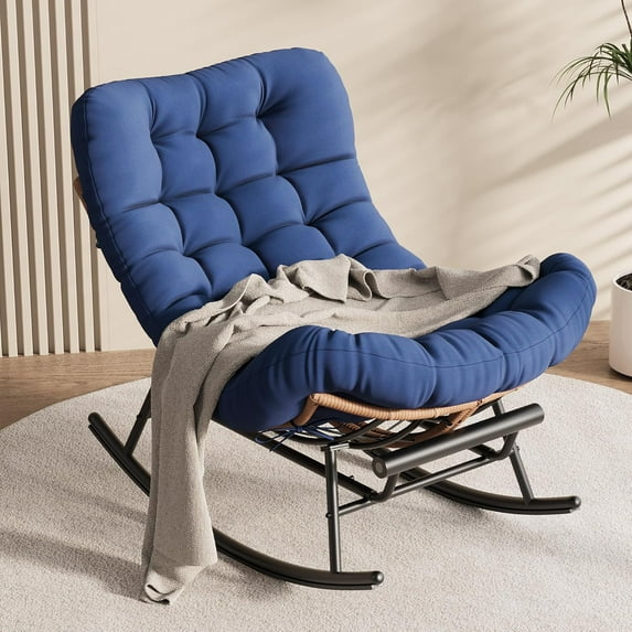 Papasan Rocking Chair with Thick Cushion, Outdoor Patio Rocking Chairs with Footrest, Oversized Rocker Wicker Chair for Bedroom, Living Room, Porch, Garden, Lawn (Dark Blue)