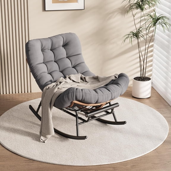 Papasan Rocking Chair with Thick Cushion, Outdoor Patio Rocking Chairs with Footrest, Oversized Rocker Wicker Chair for Bedroom, Living Room, Porch, Garden, Lawn (Dark Grey)
