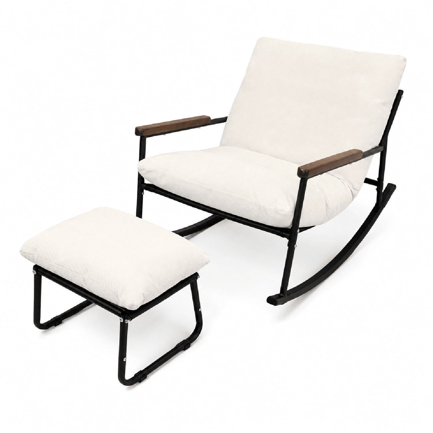 Papasan Rocking Chair with Thickened Cushion and Matching Ottoman, Solid Wood Armrests and Rockers, Comfy Reading Lounge for Nursery, Living Room, Bedroom, Porch and Balcony