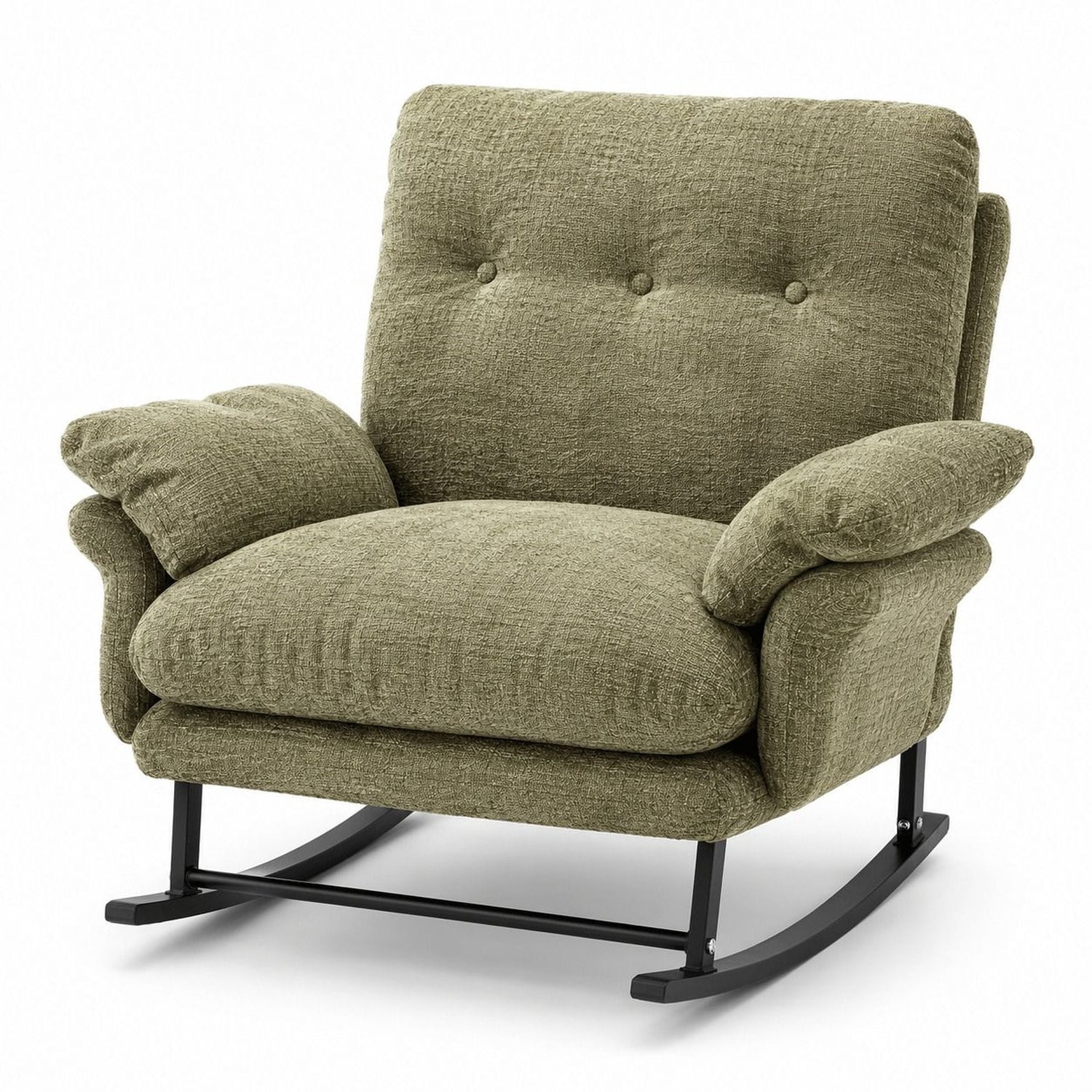 Papasan Rocking Chair with Thickened Cushion, Solid Wood Curved Rocking Base, Soft Corduroy Upholstery, Padded Armrests, Reading Lounge for Living Room, Bedroom, Nursery, Porch
