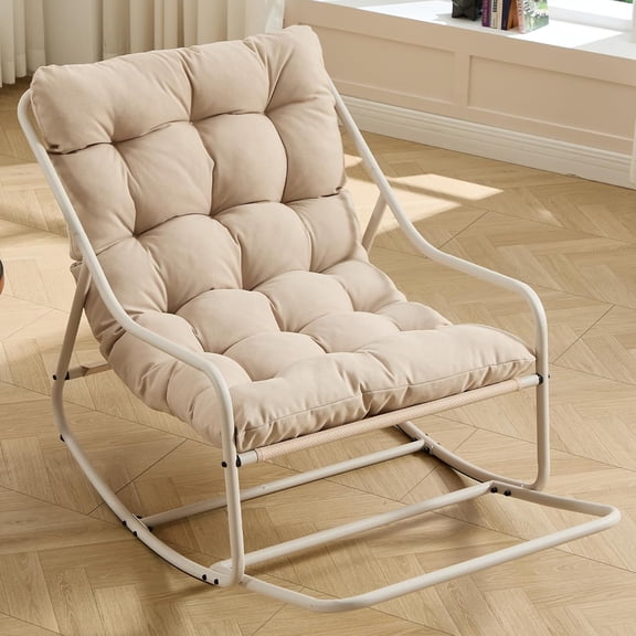 Papasan Rocking Chair with Metal Frame, Outdoor Rocker Chair, Lounge Comfy Rocking Chair for Porch Patio Garden/Indoor Living Room, Oversized (Beige)