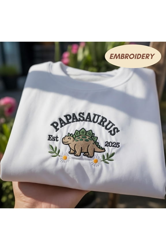 Papasaurus Embroidered Sweatshirt, Dad Dinosaur Gift, Funny Father's Day New Parent Crewneck, Cute Stegosaurus Papa Sweater