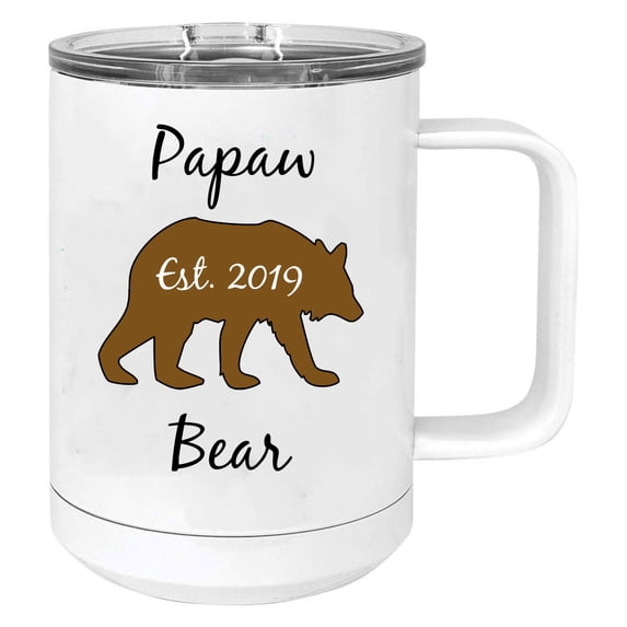 Papaw Bear Est. 2019 Stainless Steel Vacuum Insulated 15 Oz Travel Coffee Mug with Slider Lid, White