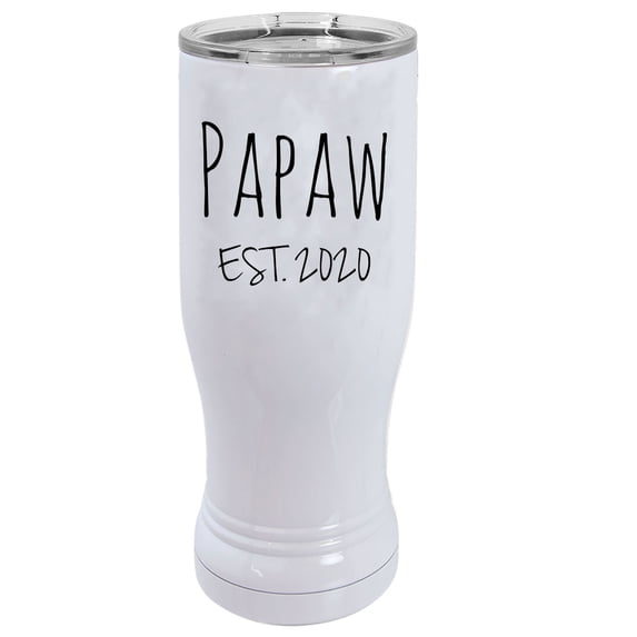 Papaw Est. 2020 Established 14 oz White Stainless Steel Double-Walled Insulated Pilsner Beer Coffee Mug with Clear Lid