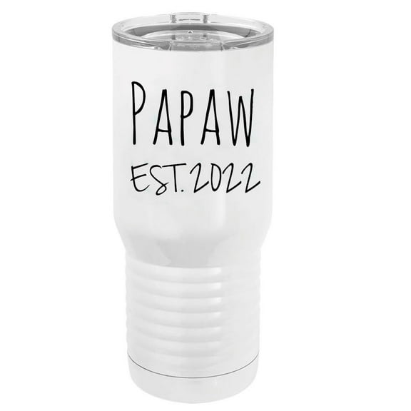 Papaw Est. 2022 Established Stainless Steel Vacuum Double-Walled Insulated 20 Oz Tumbler Travel Coffee Mug with Clear Lid, White