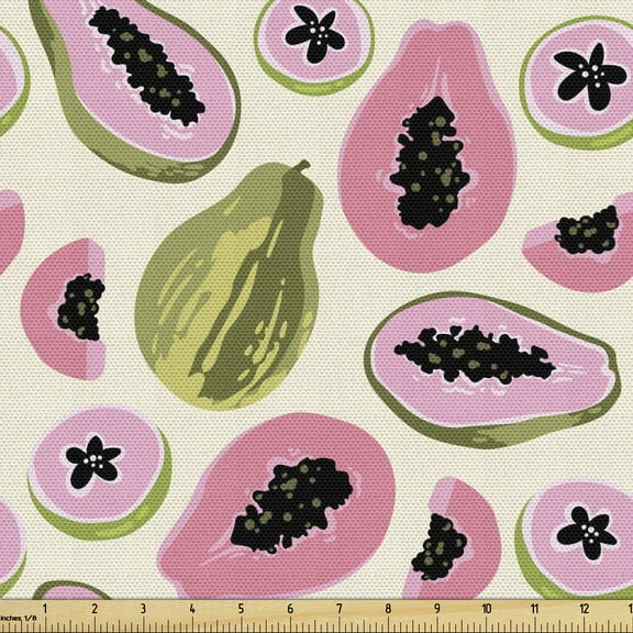Ambesonne Papaya Fabric by the Yard Upholstery, Tropical Halved Fruit Art, 5 Yards, Multicolor