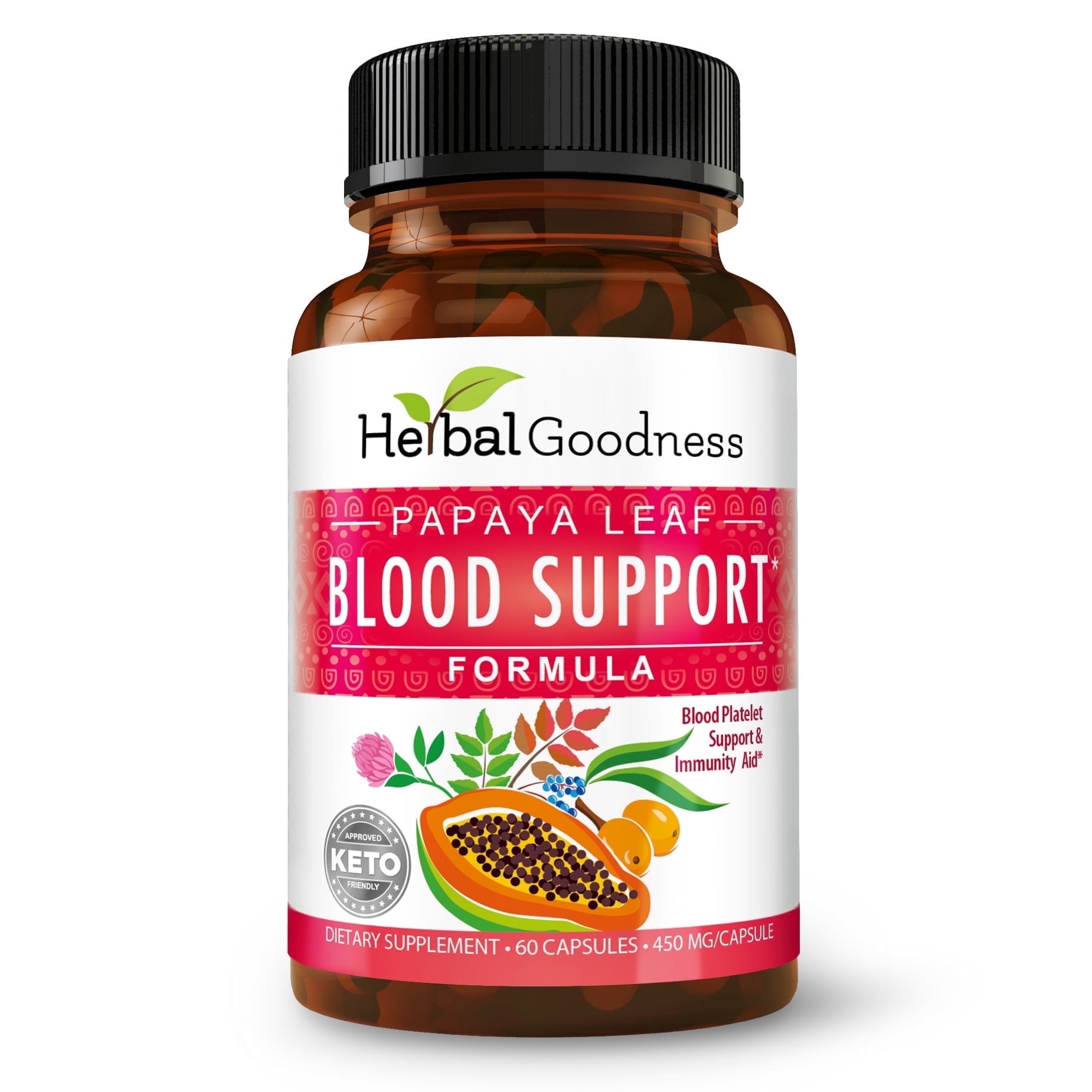 Papaya Leaf Blood Support Formula, Blood Platelet Cleanse and Detox, Digestive Enzymes, Bone Marrow Support, 60/450mg Capsules, Herbal Goodness