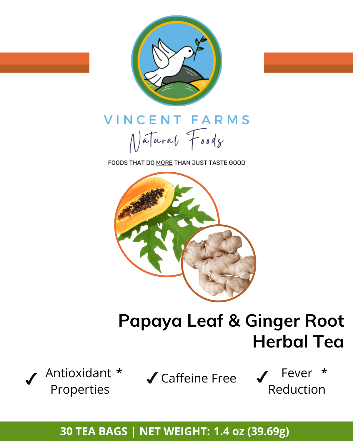 Papaya Leaf & Ginger Root Herbal Tea, antioxidant properties, Digestive aid, boosts immune