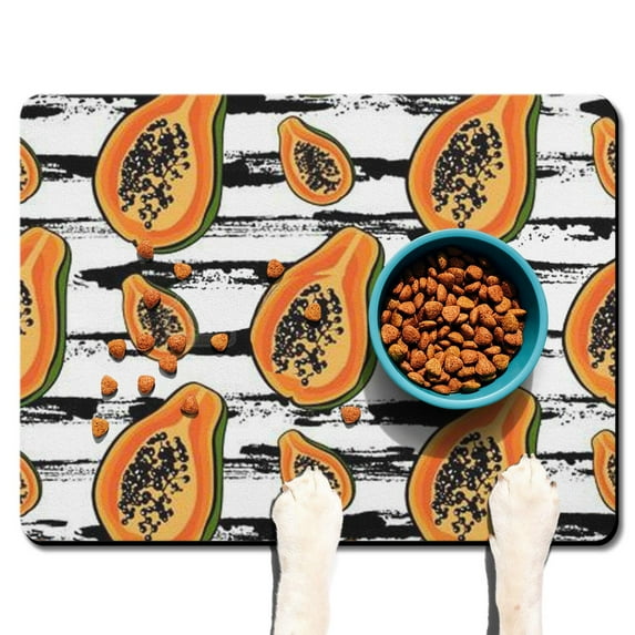 Papaya Print Dog Feeding Mat - Absorbent Non-Slip Pet Food Mat with Tropical Fruit Design - Waterproof Kawaii Cartoon Placemat for Messy Eaters 12"X19"
