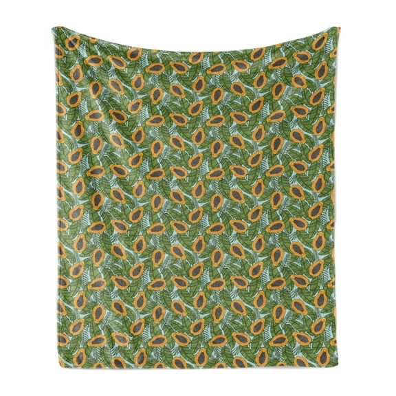 Papaya Soft Flannel Fleece Throw Blanket, Pattern of Halved Papaya Fruits with Tropical Foliage on a Pale Blue Background, Cozy Plush for Indoor and Outdoor Use, 50" x 70", Multicolor, by Ambesonne