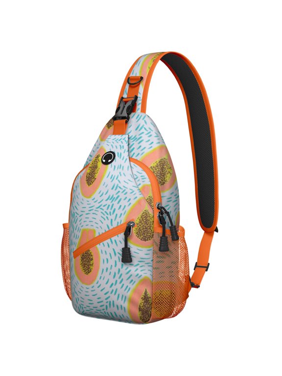 Papaya Tropical Fruit Print Sling Backpack, Lightweight and Durable Crossbody Bag with Classic Exotic Pattern, Cute Kawaii Cartoon Design, Multi-Functional Storage for Papaya Lovers