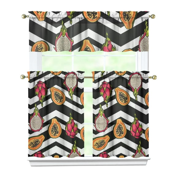 Papaya Tropical Kitchen Curtains Set Tier and Valance, Exotic Fruit Print Cute Kawaii Cartoon Design, Classic Papaya Lover Abstract Pattern Illustration for Kitchen or Dining Room