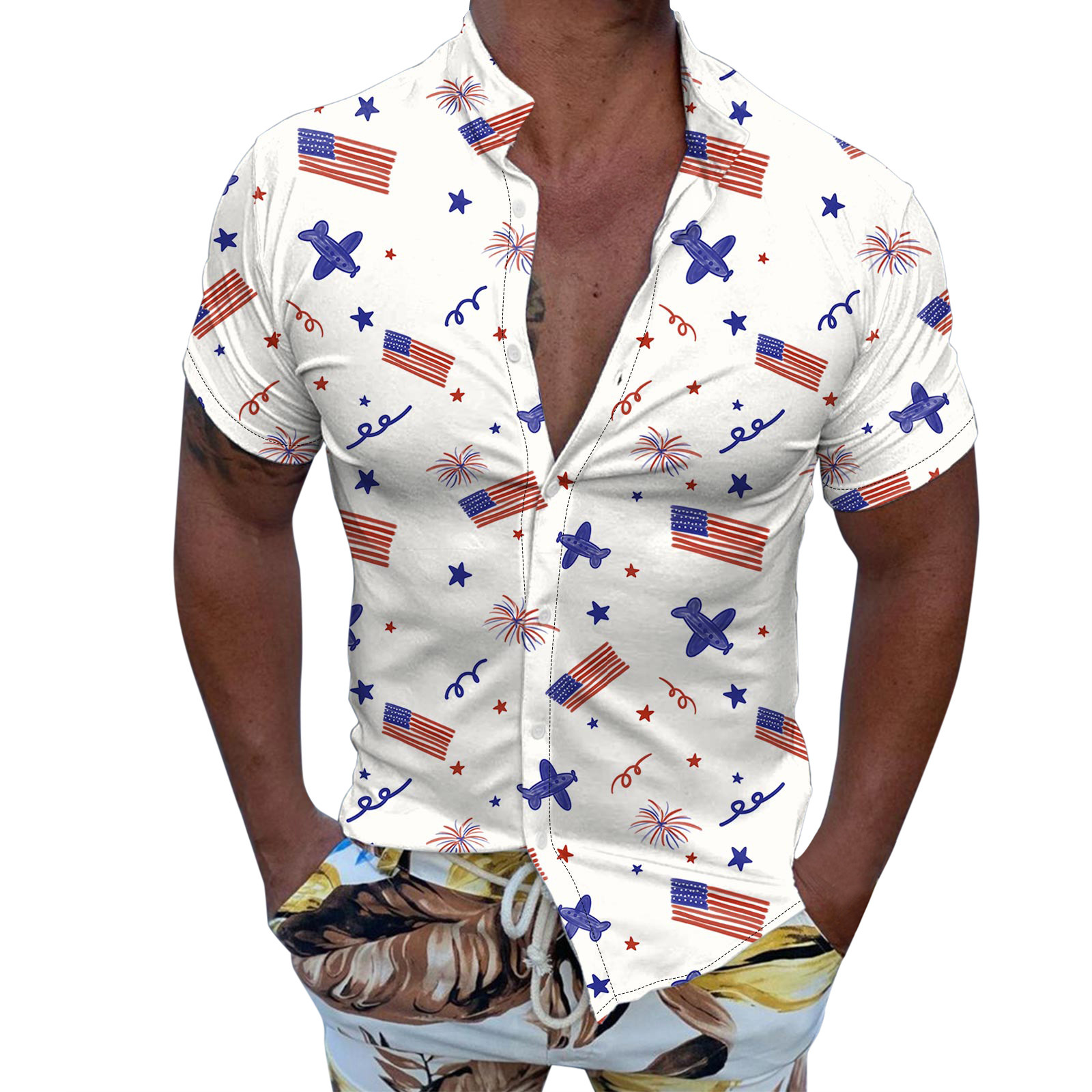 Papeey Funny 4th Of July Shirts for Men Plus Size Collar Beach Shirts
