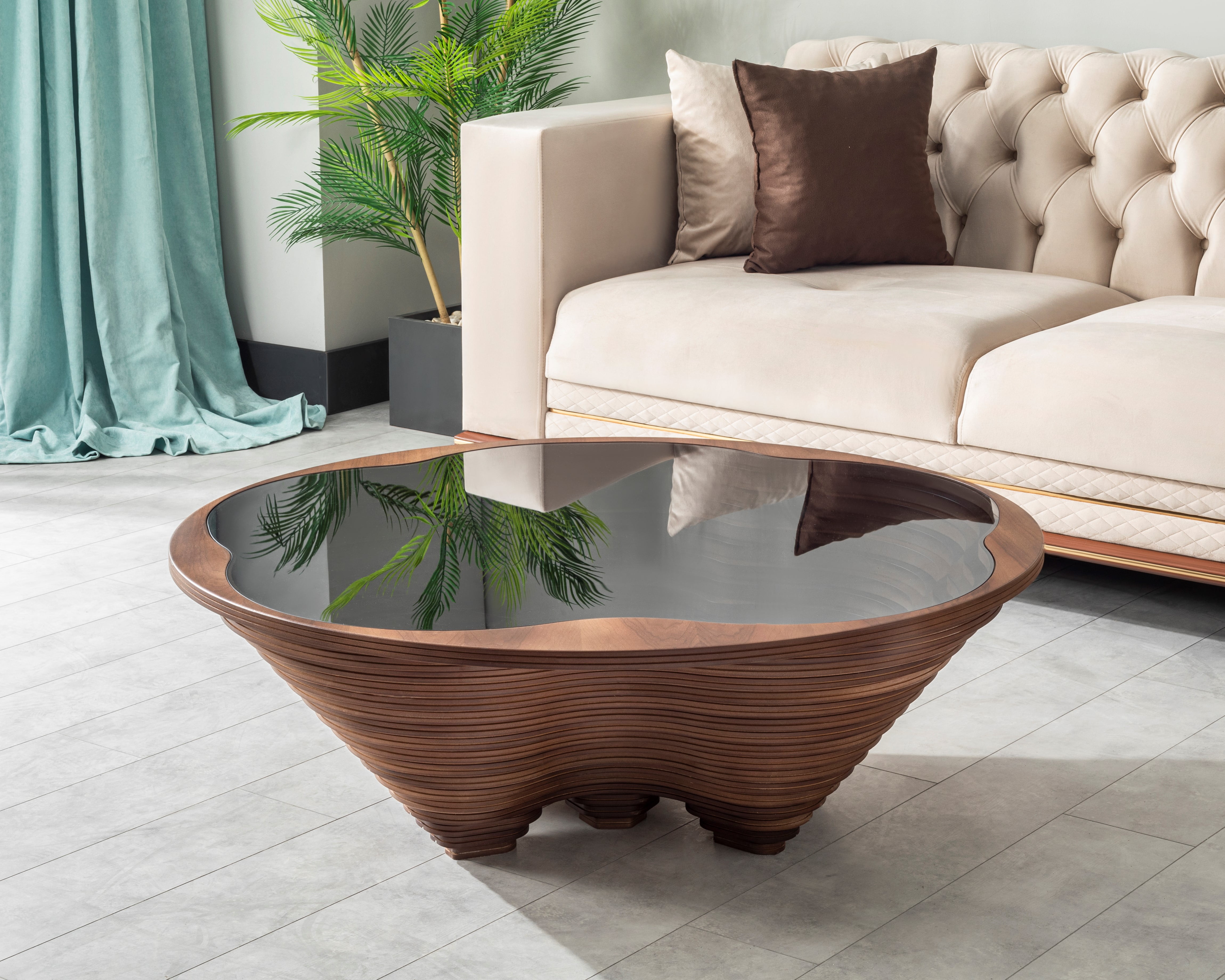 Papella Model Susan Brown Wooden Coffee Table with Glass Rustic
