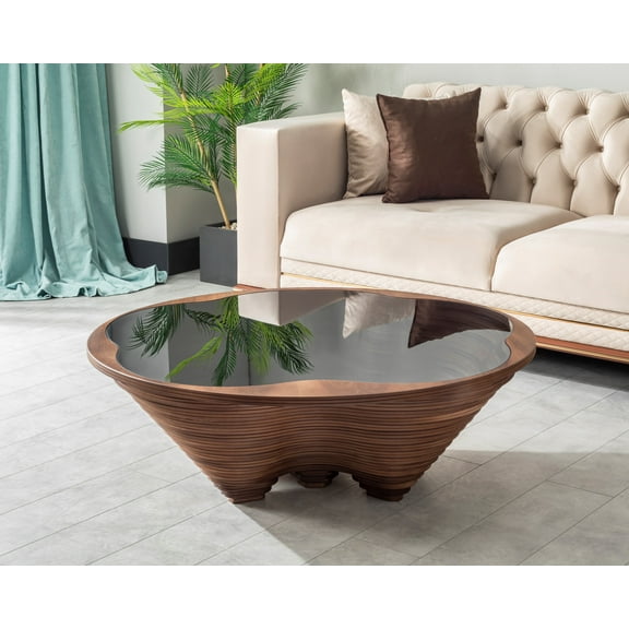 Papella Model Canyon Brown Wooden Coffee Table with Glass Rustic Table Natural Walnut Color Center table Mesa de centro Farmhouse big desk livingroom furniture whiskey color tables Free Form