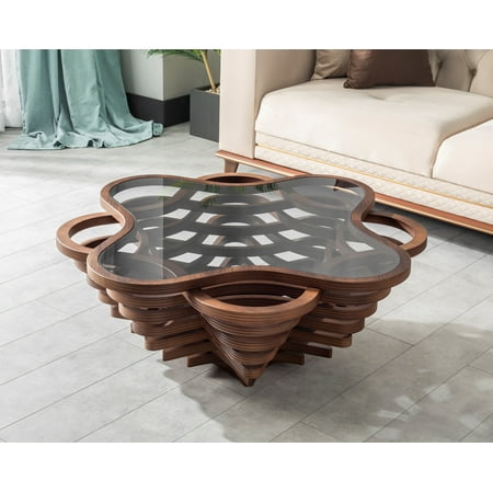 Papella Model Cloud Brown Wooden Coffee Table with Glass Rustic Table Mesa de centro Natural Walnut Color Center table