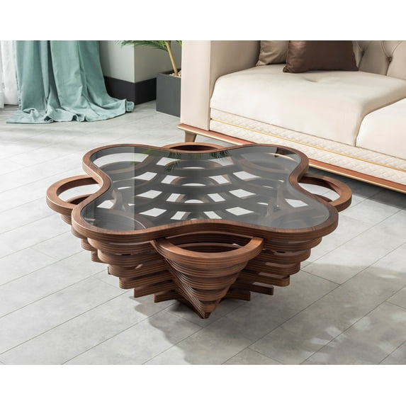 Papella Model Cloud Brown Wooden Coffee Table with Glass Rustic Table Mesa de centro Natural Walnut Color Center table