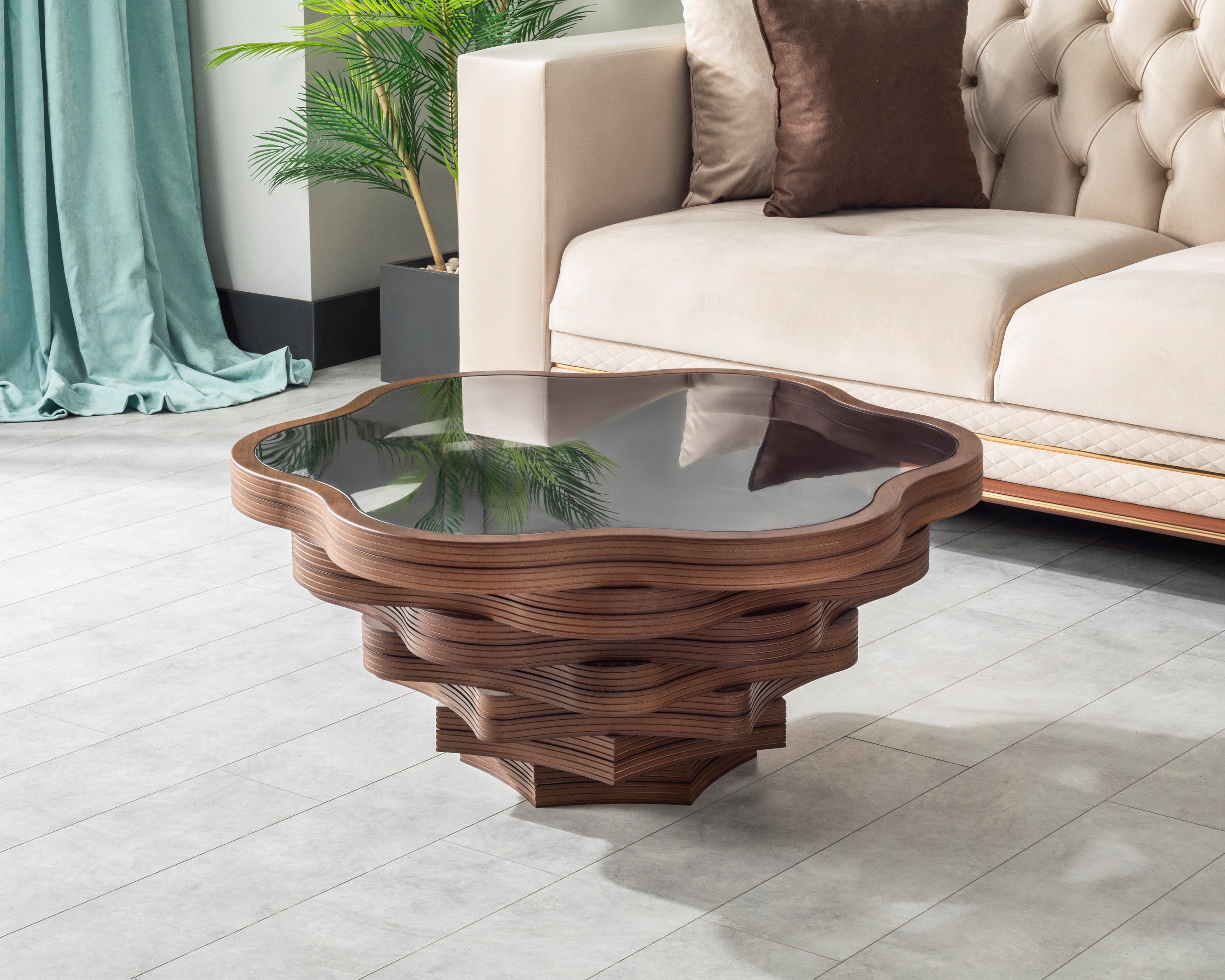 Papella Model Daisy Brown Wooden Coffee Table with Glass Rustic Table ...