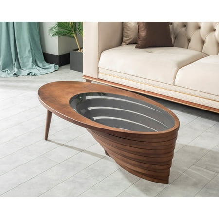 Papella Model Drop Brown Wooden Coffee Table with Glass Rustic Table Natural Walnut Color Center table Mesa de centro Farmhouse big desk livingroom furniture whiskey color tables Free Form