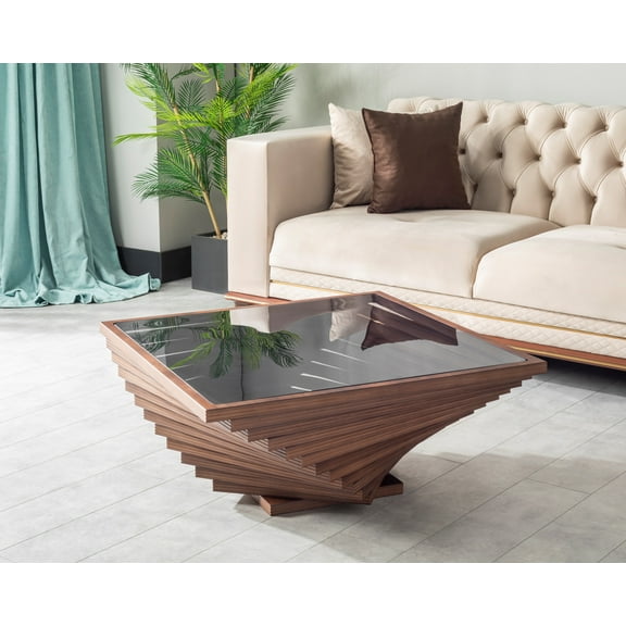 Papella Model Frezia Brown Wooden Coffee Table with Glass Rustic Table Natural Walnut Color Center table Mesa de centro Farmhouse big desk livingroom furniture whiskey color tables Free Form