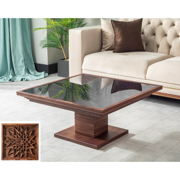 Papella Model Lilium Brown Wooden Coffee Table with Glass Rustic Table Natural Walnut Color Center table Mesa de centro Farmhouse big desk livingroom furniture whiskey color tables Free Form