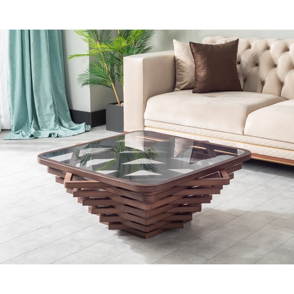 Papella Model Sardinia Brown Wooden Coffee Table with Glass Rustic Table Natural Walnut Color Center table Mesa de centro Farmhouse big desk livingroom furniture whiskey color tables Free Form