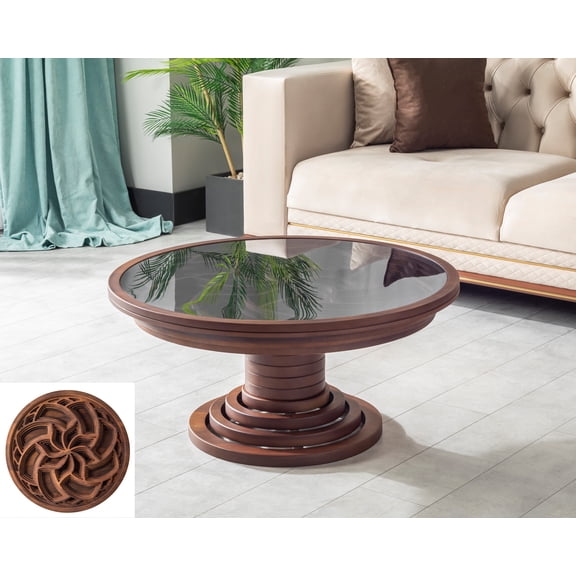 Papella Model Tugra Brown Wooden Coffee Table with Glass Rustic Table Natural Walnut Color Center table Mesa de centro Farmhouse big desk livingroom furniture whiskey color tables Free Form